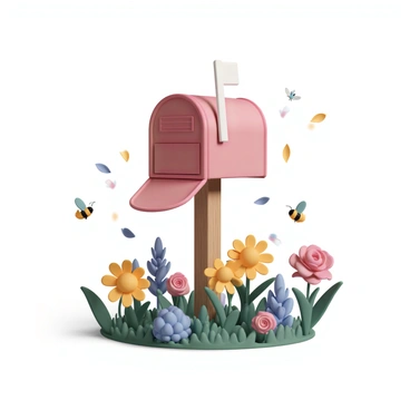 A traditional red mailbox, mounted on a wooden post, stands in the center of a vibrant garden. The mailbox has a white flag raised, indicating it's ready to send or receive mail. Surrounding the mailbox are various blooming flowers in an array of colors, including bright yellow daisies, deep pink roses, and blue lavender. The green foliage of the plants adds contrast, while bees and butterflies flit around, further enhancing the lively scene in the garden.