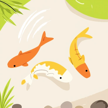 Shadows of colorful koi fish in shades of orange, yellow, and white are playing on the sandy bottom of a shallow pond. The water is clear, allowing the vibrant colors of the fish to be visible. Light ripples on the surface of the water create dynamic patterns in the shadows cast by the koi. Water plants and pebbles can be seen in the foreground, adding texture to the scene.