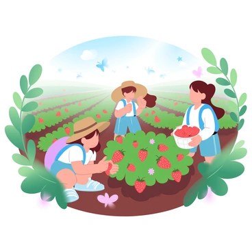 A group of children is picking strawberries in a lush strawberry patch filled with vibrant green leaves and bright red berries. Two children, one wearing a sun hat and the other with a colorful backpack, are kneeling down to gather strawberries. Another child is holding a small basket overflowing with strawberries. Sunlight filters through the leaves, casting a gentle light on the scene. A few butterflies are fluttering around the patch, adding to the joyful atmosphere. In the background, there are rows of strawberry plants stretching out towards the horizon.
