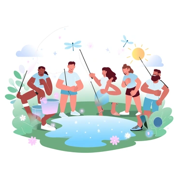 A group of children is standing by a pond, each excitedly holding their fishing rods with bait attached. The children wear colorful summer clothing, including shorts and t-shirts, and their expressions convey joy and enthusiasm. In the background, the pond is surrounded by lush greenery and small wildflowers. The sun is shining brightly, creating sparkles on the water's surface. Various fishing gear such as a tackle box and a bucket are scattered nearby. A few dragonflies are hovering over the pond.
