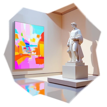 A museum exhibit showing a classic statue next to a colorful mural illustration