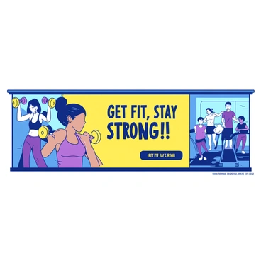 A bright yellow subway ad features a large headline: "Get Fit, Stay Strong!" Across the ad, there are images of diverse individuals exercising in various ways. In one image, a woman is lifting weights, showcasing her determination. Next to her, a man is running on a treadmill, sweat glistening on his forehead. Further along, a group class is depicted with people engaged in a high-energy workout, all smiling as they motivate each other. The background has a soft blue hue, creating a vibrant and energetic atmosphere that encourages viewers to join the fitness center.