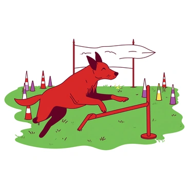 A dog enthusiastically leaping over the final hurdle of an agility course with the finish line in sight