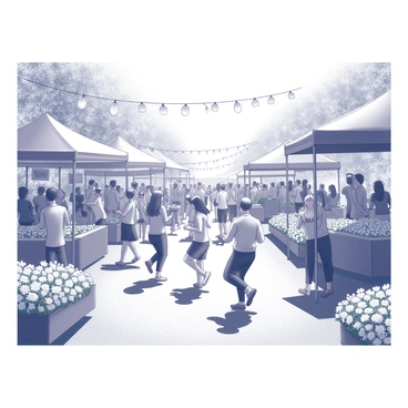 A vibrant outdoor scene featuring a flower festival. Numerous people are gathered, some are dancing joyfully, while others are chatting and enjoying the atmosphere. The ground is covered with a variety of flowers in full bloom, showcasing diverse shapes and sizes. Stalls are set up along the pathways, displaying fresh flowers and festival items. Banners and decorations are hanging above, adding to the festive mood. Sunlight filters through the greenery, casting playful shadows on the crowd below.