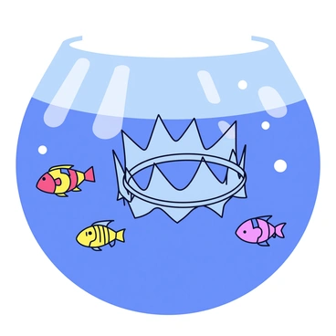 A crown of thorns submerged in clear blue water. The crown is intricately designed with sharp, pointed thorns protruding outward. Small fish with vibrant colors swim around the crown, creating a contrast against the blue backdrop. Sunlight filters through the water, casting gentle ripples and highlights on the crown and fish. The scene captures a serene underwater environment.