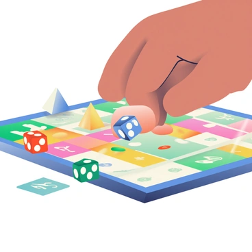 A close-up of a hand with light brown skin is rolling colorful dice onto a game board. The dice are in bright colors, including red, blue, green, and yellow, with various numbers displayed on each side. The game board is covered with intricate illustrations and vibrant spaces for movement. In the background, there are game pieces in different shapes and colors, positioned strategically on the board. The fingers are slightly curled as they release the dice, creating a dynamic moment of the game.