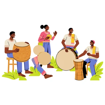 A group of five people playing traditional African drums in a circle. Two men are sitting on stools, each holding a large djembe drum with intricate carvings. A woman stands between them, gracefully playing a smaller tambourine. Another man is seated on the ground, drumming energetically on a large talking drum. The fifth person, a woman, is clapping her hands in rhythm, encouraging everyone. They are surrounded by lush green grass and colorful fabrics draped around them, adding vibrancy to the scene. Their facial expressions show joy and concentration as they engage in the music.