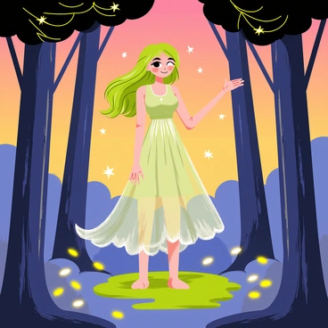 A mystical forest spirit with flowing green hair and delicate features stands amidst tall, vibrant trees. The spirit has a translucent, shimmering gown that blends with the colors of the forest. Glowing fireflies in various shades of yellow and white surround her, illuminating the dusky atmosphere. Soft shadows cast by the trees create a magical ambiance, and patches of soft moss cover the ground beneath the spirit's feet. The sky transitions from orange to deep blue as the sun sets, adding an enchanting glow to the scene.