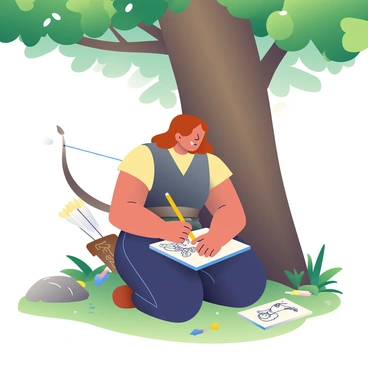 An archer sitting under a tree, sketching designs for a new bow in a notebook