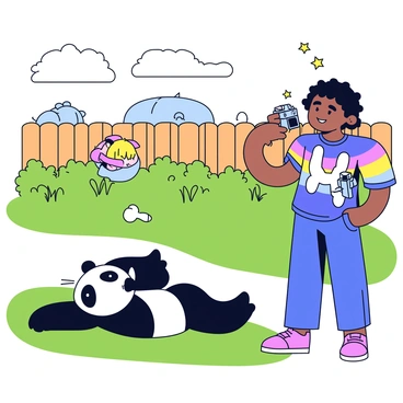 A zoo patron with a look of amazement on their face stands in front of a playful panda. The panda is rolling on the grass, its black and white fur contrasting with the vibrant green of the foliage. The patron is wearing a colorful t-shirt and holding a camera, ready to capture the moment. In the background, there are wooden enclosures and other animals partially visible. The scene conveys a cheerful atmosphere, with bright sunshine illuminating the playful interactions between the panda and the surroundings.