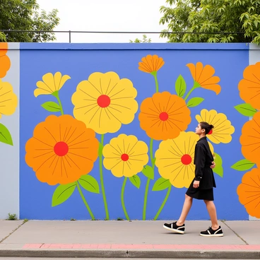 A city wall adorned with a vibrant mural depicting large, stylized marigold flowers. The marigolds are painted in bright shades of orange and yellow, with intricate petal designs. The background of the mural is a striking blue, enhancing the vividness of the flowers. Green leaves and stems are interspersed among the marigolds, adding depth to the composition. The mural covers a large section of the wall, drawing attention from passersby.
