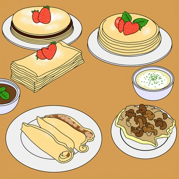 A wooden table is set with a variety of delicious crepes, showcasing different fillings and toppings. There is a stack of thin, golden crepes folded neatly, filled with rich chocolate spread, and topped with fresh strawberries. Beside them, a stack of lighter crepes filled with a sweet vanilla custard is garnished with a dusting of powdered sugar and a sprig of mint. Another plate features savory crepes filled with sautéed mushrooms and cheese, with a sprinkle of herbs on top. Surrounding the crepes are small bowls filled with whipped cream, maple syrup, and additional fruit. The warm, inviting atmosphere of Pancake Day is captured with soft lighting highlighting the delectable spread.