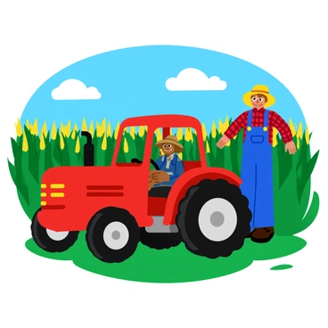 A red tractor parked next to a tall scarecrow in a cornfield. The scarecrow is dressed in a plaid shirt and denim overalls, with a straw hat perched on its head. The cornfield is filled with tall, green stalks heavy with golden ears of corn. The sky above is clear and blue, with a few fluffy white clouds scattered in the distance. Sunlight casts warm tones over the scene, highlighting the vibrant colors of the corn and the tractor.