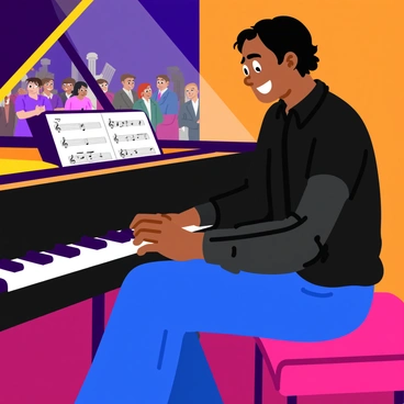 A person with short black hair is seated at a grand piano on stage. They are playing passionately, focusing intently on the keys. The individual has a prosthetic arm that is elegantly designed and matches their attire, which consists of a stylish black shirt and blue jeans. Bright stage lights illuminate the scene, highlighting the person's expression of concentration and joy. The grand piano has a polished finish, and sheet music rests on top, partially visible. The audience in the background is captivated, with some members clapping along.