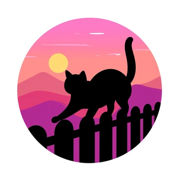 A black silhouette of a cat is perched on a wooden fence. The cat has its back arched and tail held high, creating a striking profile. In the background, a vibrant sunset fills the sky with shades of orange and pink. The sun is just above the horizon, casting a warm glow that highlights the edges of the fence. The scene is tranquil, evoking a sense of peacefulness as the day comes to an end.
