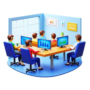 Agents sitting at desks participating in a virtual training session on their computers. Each agent is focused on their screens, wearing headsets, and taking notes. The computers display various training materials, including graphs and charts. The room is equipped with modern office furniture, and there are some motivational posters on the walls. Natural light comes through windows, creating an engaging atmosphere for learning.