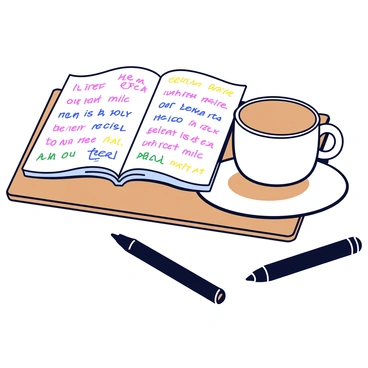 A latte in a white ceramic cup with smooth, frothy milk on top. Next to the latte is a black pen resting on a wooden table. An open journal lies beside the cup, its pages filled with colorful doodles and handwritten notes. The journal has a brown leather cover, and a few pages are slightly bent, suggesting frequent use. The setting is warm and inviting, with soft light highlighting the details of the latte and journal.
