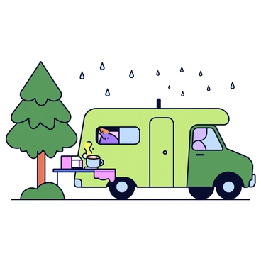 A truck camper with a green exterior parked beside a tall tree. The camper has a small, open window with water droplets sliding down the glass. Rain is gently pattering on the windows, creating a rhythmic sound. Inside the camper, there is a small table with a steaming mug of hot cocoa resting on it. A cozy blanket is draped over the side of the bed, and a soft light glows from a small lamp on the table. The scene conveys a feeling of warmth and comfort despite the rain outside.