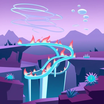 A sci-fi alien landscape with an otherworldly bridge aflame in bright colors