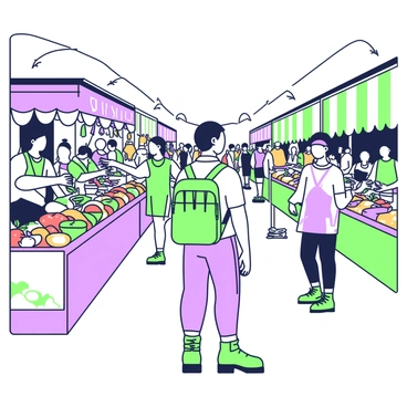 A traveler is standing in a bustling foreign marketplace, surrounded by a crowd of people. The traveler has a green backpack slung over one shoulder and is wearing comfortable hiking boots. Stalls brimming with various goods are lined up on either side, displaying colorful fruits, spices, and textiles. Vendors are actively engaging with customers, showcasing their products. In the background, there are vibrant banners hanging above the stalls, and a variety of exotic items such as pottery and handmade crafts are visible on display. The scene is filled with numerous shoppers and lively interactions, creating a sense of excitement and energy in the air.