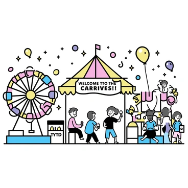 A vibrant carnival scene filled with colorful rides, including a ferris wheel and carousel, each adorned with bright lights. Several cheerful people are scattered throughout the scene, smiling and laughing as they enjoy the festivities. Some are holding cotton candy, while others are playing games at booths. Balloons in various colors are floating in the air, adding to the lively atmosphere. A banner reading "Welcome to the Carnival!" hangs across the entrance, welcoming guests to the event.