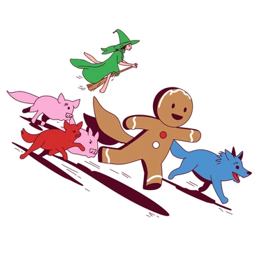 A brown gingerbread man with icing decoration is running swiftly down a winding path. Behind him, a red fox is in mid-pounce, with its eyes locked on the gingerbread. Following closely are a pink little pig with a determined expression and a blue wolf, baring its teeth as it races after the gingerbread man. In the background, a green witch is hovering on a broomstick, her pointed hat tilted as she observes the chase. The scene is filled with a sense of movement, as the characters interact in the whimsical environment.