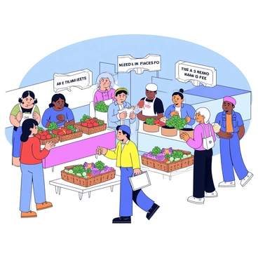 A lively farmers' market featuring multiple stalls selling colorful organic produce such as ripe tomatoes, vibrant bell peppers, and fresh leafy greens. Each stall is adorned with handmade signs displaying the types of goods available. Shoppers of diverse backgrounds are seen browsing and interacting with vendors. Some shoppers are holding reusable bags filled with fruits and vegetables. There are also stalls selling handmade goods, including pottery and woven baskets. A clear blue sky overhead adds to the cheerful atmosphere of the market.