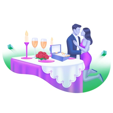 A table is elegantly set for a candlelit dinner, featuring a white tablecloth adorned with delicate lace. There are two sparkling wine glasses filled with bubbly, and a bouquet of red roses is placed at the center. A small, ornate box containing an engagement ring is open on the table, revealing the ring inside. Soft, flickering candles cast a warm glow around the scene, adding a romantic ambiance. In the background, a couple is kneeling together, with one partner proposing to the other, their expressions filled with joy and surprise. The setting is intimate and inviting, perfect for a memorable moment.
