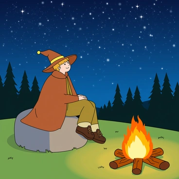 A magical explorer with a long, flowing cloak and a wide-brimmed hat sits on a large rock. The explorer has a look of wonder on their face, gazing up at a vibrant starry night sky filled with countless twinkling stars. Nearby, a bright campfire emits a warm orange glow, illuminating the explorer's face and casting dancing shadows around. The ground is covered in soft green grass, and a few logs are arranged near the fire. In the background, silhouettes of tall pine trees stretch up against the sky, adding to the enchanting atmosphere of the scene.