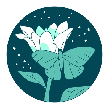 A teal moth is delicately hovering near a large, white moonflower that is fully open, revealing its intricate petals. The moonflower is positioned prominently, with its white color contrasting sharply against the deep night sky. Surrounding the flower, a multitude of small white stars twinkle brightly above, enhancing the serene atmosphere of the scene. The moth, with its detailed wing patterns, is poised gracefully as if it is about to land on the flower to pollinate it.