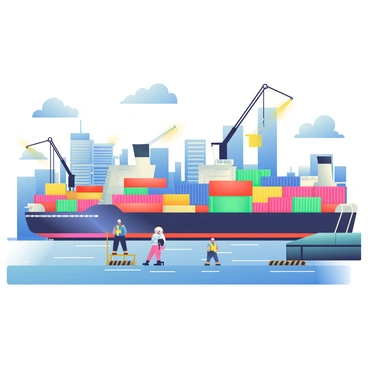 A fleet of large cargo ships is docked in a busy port, surrounded by bustling activity. Each ship is loaded with colorful containers stacked on their decks, featuring bright hues of red, blue, yellow, and green. Cranes with long arms are reaching out to lift containers from the ships, while dockworkers in safety vests and hard hats are moving about, coordinating the loading process. In the background, a vibrant city skyline rises, showcasing a mix of modern skyscrapers and older buildings under a clear blue sky, with a few fluffy white clouds scattered above. The scene captures the dynamic energy of the port and the intricate operations taking place.