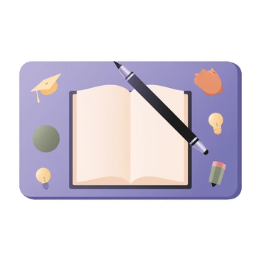 A digital flat illustration featuring a rectangular flag with a bright blue background. Centered on the flag is a large emblem, which includes an open book with white pages. Above the book, there is a black pen positioned diagonally, crossing over the book from the top left to the bottom right. The pen has a shiny metallic tip and details. Surrounding the emblem are small icons representing educational elements, such as a graduation cap in yellow, a light bulb in green symbolizing ideas, and a pencil in orange. The overall design conveys a clear message about the importance of education and exams.