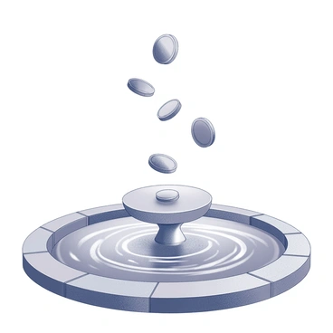 A collection of coins is captured mid-air, descending into a wishing fountain. The coins are various sizes and shapes, reflecting light as they spin and tumble downwards. Below, the surface of the fountain's water ripples, causing small splashes as the coins make contact. The surrounding area features smooth stones lining the fountain, and the water appears clear, revealing the depth beneath. The scene conveys a sense of movement and anticipation, as the coins seek their destination below the surface.