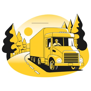 A truck driver sitting in the cabin of a large truck, preparing to begin the day's journey. The driver is wearing a cap and a checkered shirt. The road ahead is visible, lined with trees on either side. In the background, the sun rises on the horizon, casting a golden glow across the landscape. The sky is transitioning from dark to light, filled with the early morning brightness. The truck has its headlights on, illuminating the road ahead.