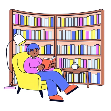 A cozy corner of an independent bookstore with wooden bookshelves filled with colorful novels. In this corner, there is a comfortable armchair upholstered in a warm, inviting fabric. A reader is sitting in the armchair, deeply engrossed in a thick novel, holding it open with both hands. Beside the armchair, there is a small wooden side table with a steaming cup of tea placed on top. A soft lamp casts a warm light over the scene, adding to the inviting atmosphere.