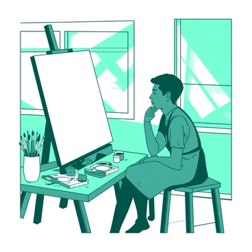 A teal artist is sitting on a wooden stool in a bright studio filled with art supplies. The artist has short hair and is wearing a paint-splattered apron. In front of them stands a large white canvas on an easel, untouched and blank. The artist is staring intently at the canvas with a thoughtful expression, one hand resting on their chin. Surrounding the artist, there are various tubes of paint arranged neatly on a nearby table, and several brushes standing upright in a white jar. Sunlight streams through a large window, illuminating the scene.
