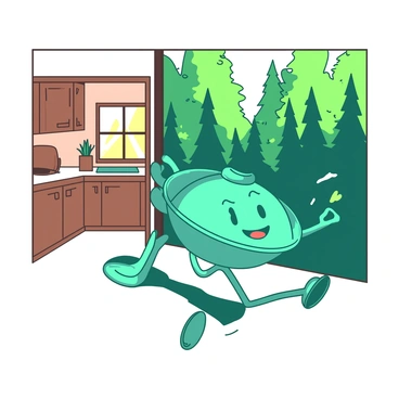 A teal dish with a smiling face and a matching teal spoon beside it are depicted in a dynamic pose, as if they are sprinting away from a cozy kitchen. The kitchen has a warm ambiance with wooden cabinets and a sunlit window. Behind them, the doorway is just visible, showing the edge of a white wall. In the background, a lush green forest is visible, with tall trees and vibrant foliage. The dish and spoon have cartoon-like expressions of excitement and mischief on their faces as they dash toward the forest, leaving the kitchen behind.