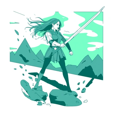 A brave heroine in a dynamic pose is standing on a rocky terrain. She is wearing a fitted armor that highlights her athletic build. The armor glimmers with a mix of teal and white, reflecting the light of the setting sun. In her right hand, she wields a long, gleaming sword, raised high as if ready to strike. Her long hair flows dramatically behind her, catching the wind. The background features jagged mountains under a turbulent sky, adding intensity to the scene. Dust and debris swirl around her feet, emphasizing the action of the moment.