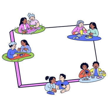 A rectangular frame containing multiple small illustrations of friends enjoying various activities together. One illustration shows two friends laughing while having a picnic on a grassy hillside, with a checkered blanket and a basket filled with food. Another illustration depicts friends playing board games around a table, with colorful game pieces and snacks scattered around. A third illustration features friends taking a group photo, with cheerful expressions and a camera in view. Each scene is enclosed within a decorative border, highlighting the joyful moments shared among friends.