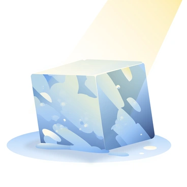 A large, crystalline block of ice is sitting on a smooth, light-colored surface. The ice is transparent with intricate bubbles trapped inside, reflecting the sunlight. A warm sunbeam is casting a golden glow onto the ice, highlighting its edges and causing water droplets to form at the base. As the ice melts, clear water is pooling around it, creating a small puddle that reflects the surrounding environment. The surface around the puddle is slightly damp, indicating the gradual melting process.