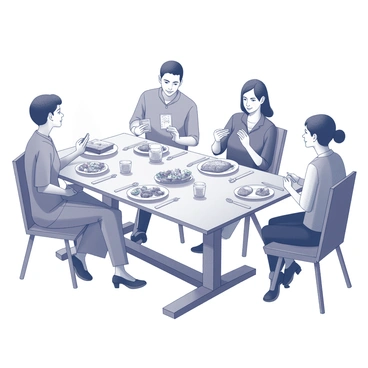 A dining table is set for a meal, elegantly arranged with various delicious dishes. There are plates filled with food items such as a steaming casserole, a fresh salad, and a variety of breads. At the table, several players are seated, showing expressions of enjoyment as they play a game of loto. Each player is interacting with their game cards, with some leaning forward in anticipation. The table is decorated with simple yet inviting tableware and utensils, creating a warm atmosphere for the gathering.