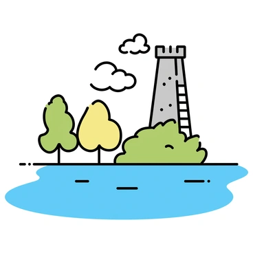 A tranquil lake sits behind a tall tower, inspired by Rapunzel's story. The surface of the lake reflects the soft golden light of the morning sun. Lush greenery surrounds the lake, with trees casting gentle shadows over the water. The tower, made of stone with a spiral staircase visible, rises majestically against the brightening sky. A few fluffy white clouds drift lazily above, adding to the serene atmosphere of the scene.