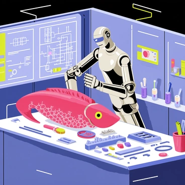 A futuristic lab with sleek metallic surfaces and bright neon lights. In the center of the lab, a humanoid robot with shiny silver limbs is carefully assembling a mechanical red herring. The mechanical red herring has shiny scales, intricate gears, and glowing blue eyes. Surrounding the robot are various tools and components, including wrenches and circuit boards, all neatly organized on a workbench. A large digital display on the wall shows schematics and diagrams related to the project.