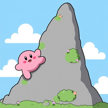 A round pink character named "Kirby" is climbing a tall, rocky mountain. Kirby has a determined expression on his face as he ascends the steep terrain. Below the mountain, fluffy white clouds are scattered across a bright blue sky, creating a soft, fluffy landscape. Kirby has tiny arms and legs, and he is gripping onto a rocky outcrop with one hand while lifting the other hand up as if reaching for the next foothold. The mountain is covered in patches of green grass and small colorful flowers that contrast against the gray rocks.