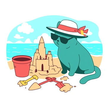 A teal cat is sitting on the beach, engaged in building a sandcastle. The cat is wearing stylish sunglasses and a wide-brimmed sun hat adorned with a colorful ribbon. Next to the cat, there are various small tools scattered around, including a red bucket and a yellow spade. The sandcastle is intricately designed with towers and a moat, showcasing the cat's creativity. In the background, gentle waves are lapping at the shore under a bright blue sky.