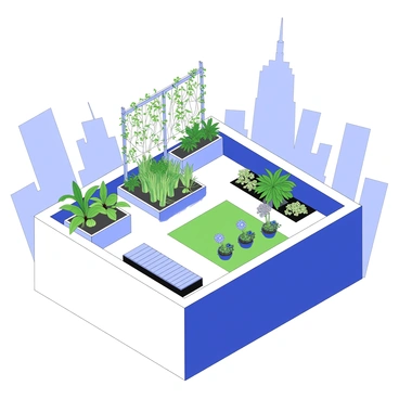 A rooftop garden is located atop a modern building in an urban setting. The garden features a variety of vibrant plants, including leafy greens, flowering shrubs, and climbing vines. Each plant is arranged in raised beds and pots, utilizing the space efficiently. The garden has a trellis supporting the climbing vines, and a small seating area made of wooden benches is present for relaxation. In the background, the silhouettes of surrounding skyscrapers can be seen against the skyline. The setting conveys a sense of greenery and life, focusing on the flourishing plants actively absorbing CO2.