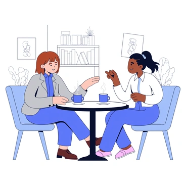 Two HR representatives sitting at a small round table in a cozy café. One representative has short brown hair and is wearing a light gray blazer, while the other has long black hair tied back and is dressed in a white blouse. Each of them has a steaming cup of coffee in front of them. They are engaged in a conversation, with one representative gesturing with her hands, emphasizing a point. The café has soft lighting, and there are green plants and a shelf of books in the background.