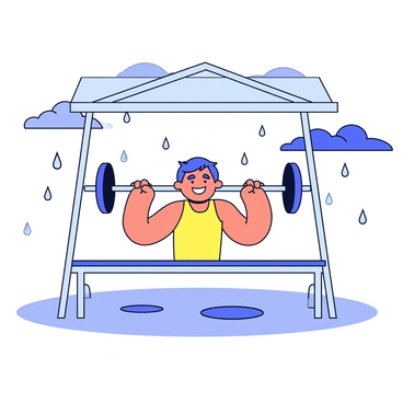 A person bench pressing with a determined expression on their face. The bench press is situated under a simple shelter with a slanted roof. Raindrops are visibly falling around the shelter, creating a dynamic effect of rain splashing on the ground. The person's muscles are tensed as they lift a barbell above their chest. The backdrop includes hints of a stormy sky, with darker clouds. A few small puddles are forming on the ground beneath the shelter, adding to the atmosphere of the rainstorm.