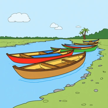 A fleet of wooden boats in various bright colors, including red, blue, yellow, and green, is moored along the banks of the Ganges River. The boats are lightly bobbing on the water, each with distinct shapes and sizes. The riverbank features lush green grass and scattered stones, while the gentle current of the river creates small ripples around the boats. In the background, there are hints of palm trees and other greenery contrasting against the vibrant colors of the boats. The sky above is a clear blue with a few fluffy white clouds.