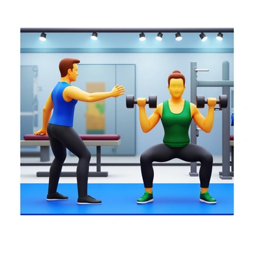 A personal trainer demonstrating proper form while guiding a client through dumbbell squats in a gym setting. The trainer is wearing athletic attire and focusing intently on the client's posture. The client, also in workout clothes, holds a pair of dumbbells at shoulder level while maintaining a squat position. The gym features various fitness equipment and mirrors reflecting the training session. Bright overhead lights illuminate the area, highlighting the effort of the workout.